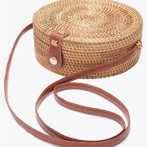 Brown Woven Round Crossbody Bag